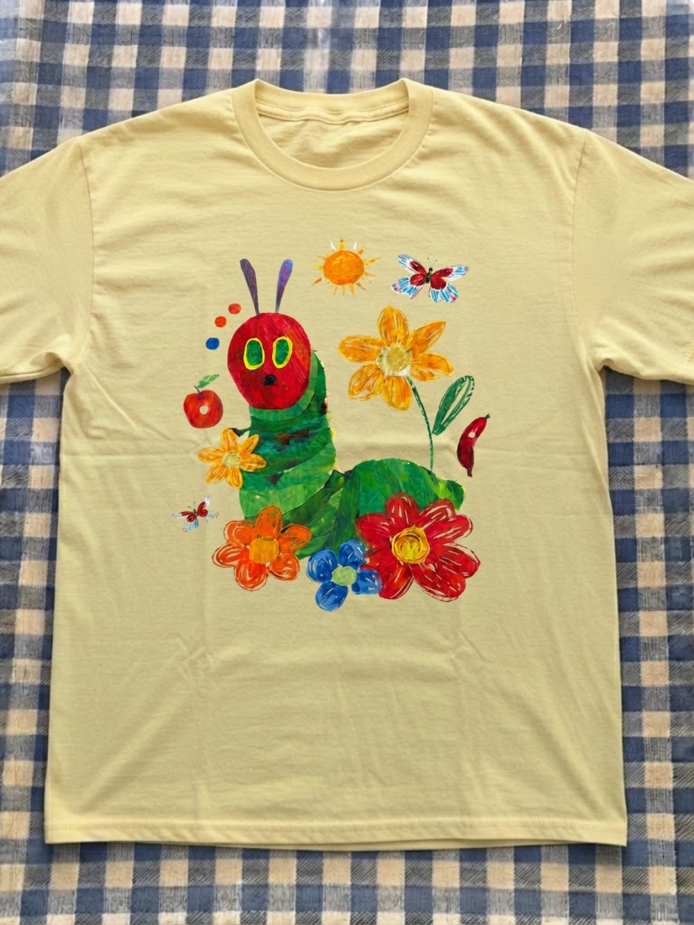 Vintage Yellow T-Shirt with Colorful Caterpillar Graphic